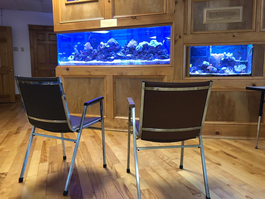 Chairs sit in front of the aquarium at the St. Charles School in Rochester NH.