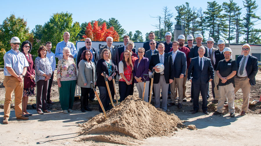 Participants from Catholic Charities New Hampshire, Diocese of Manchester, Warde Health Center, Lavallee Brensinger Architects, and Milestone Engineering and Construction, Inc. gather for the groundbreaking of Warde's new independent living facility and assisted living wing in Windham, NH on October 5th, 2018.