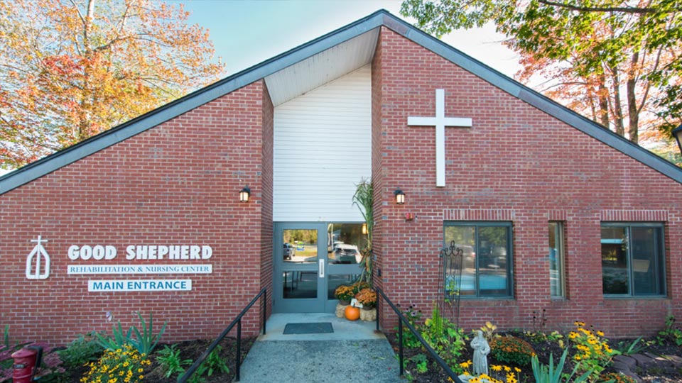 Entryway to the Good Shepherd Rehabilitation and Nursing Center in Jaffrey, NH.