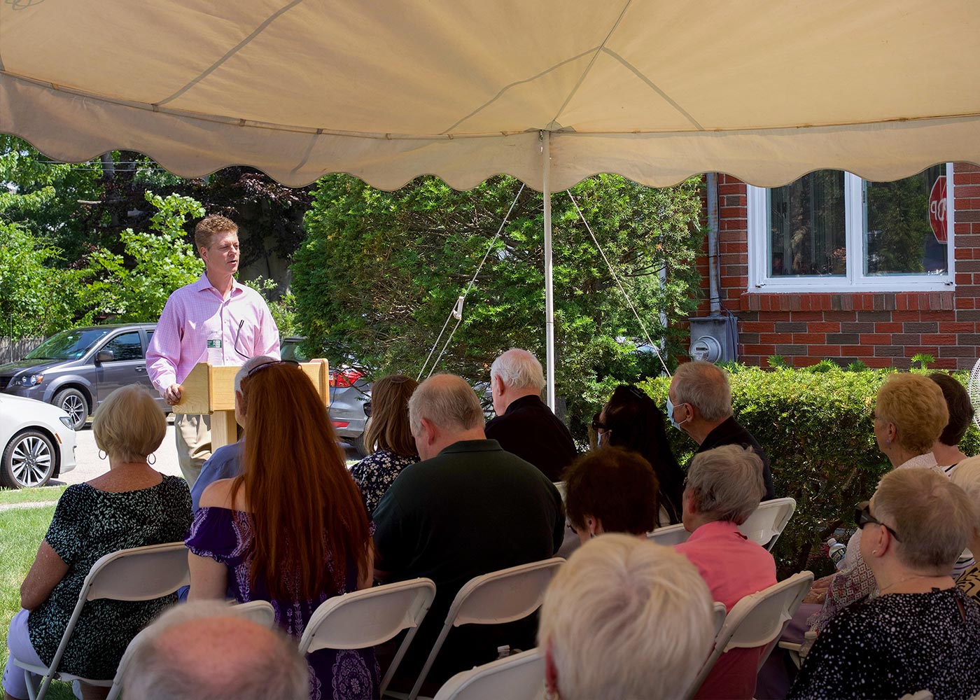 Tom Blonski speaks at the dedication of the Trudy's Center in Manchester.